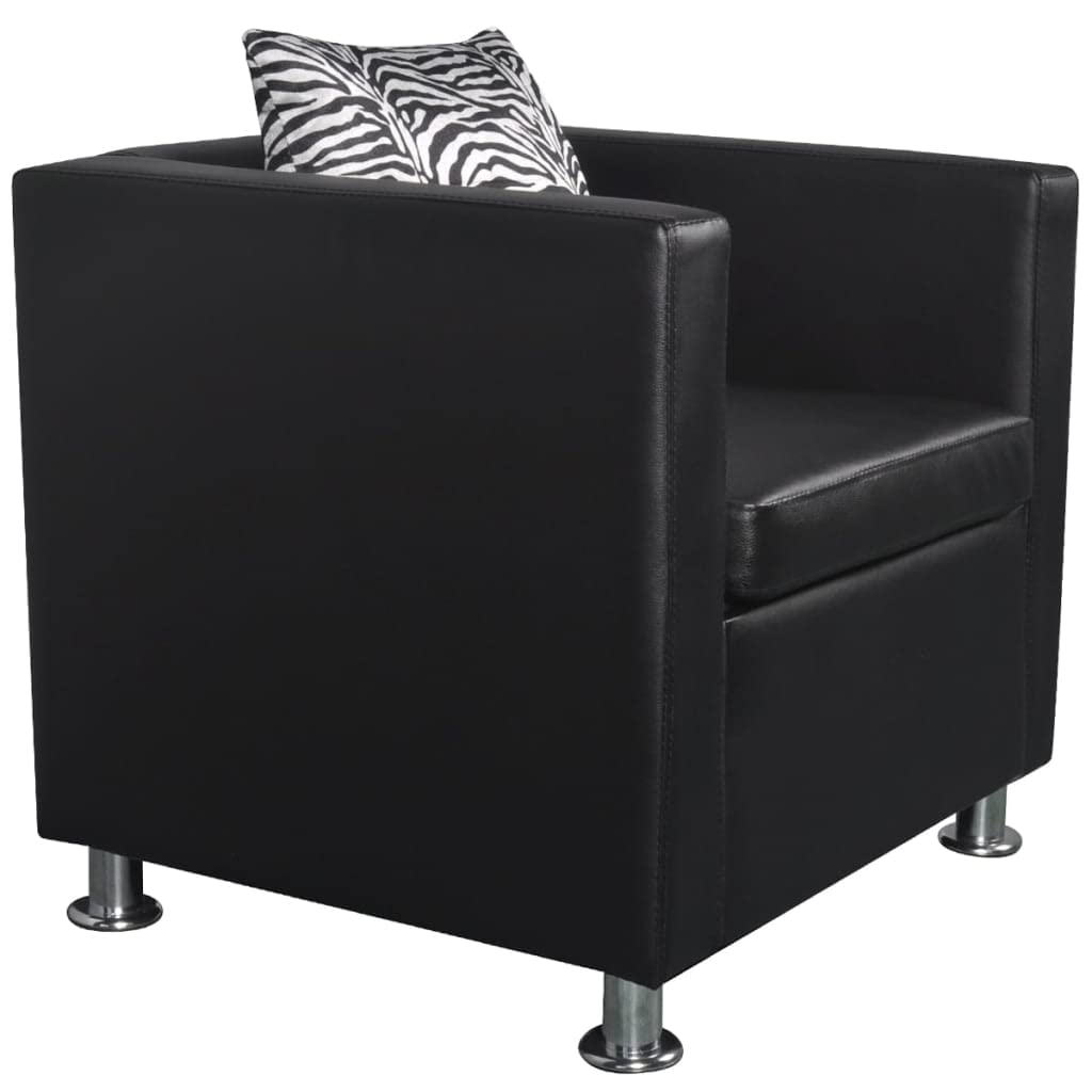 vidaXL Cube Armchair - Modern Design, Artificial Black Leather, Resistant, Thickly Padded Cushion, Wide-Seating Area, Durable - Includes Loose Pillow
